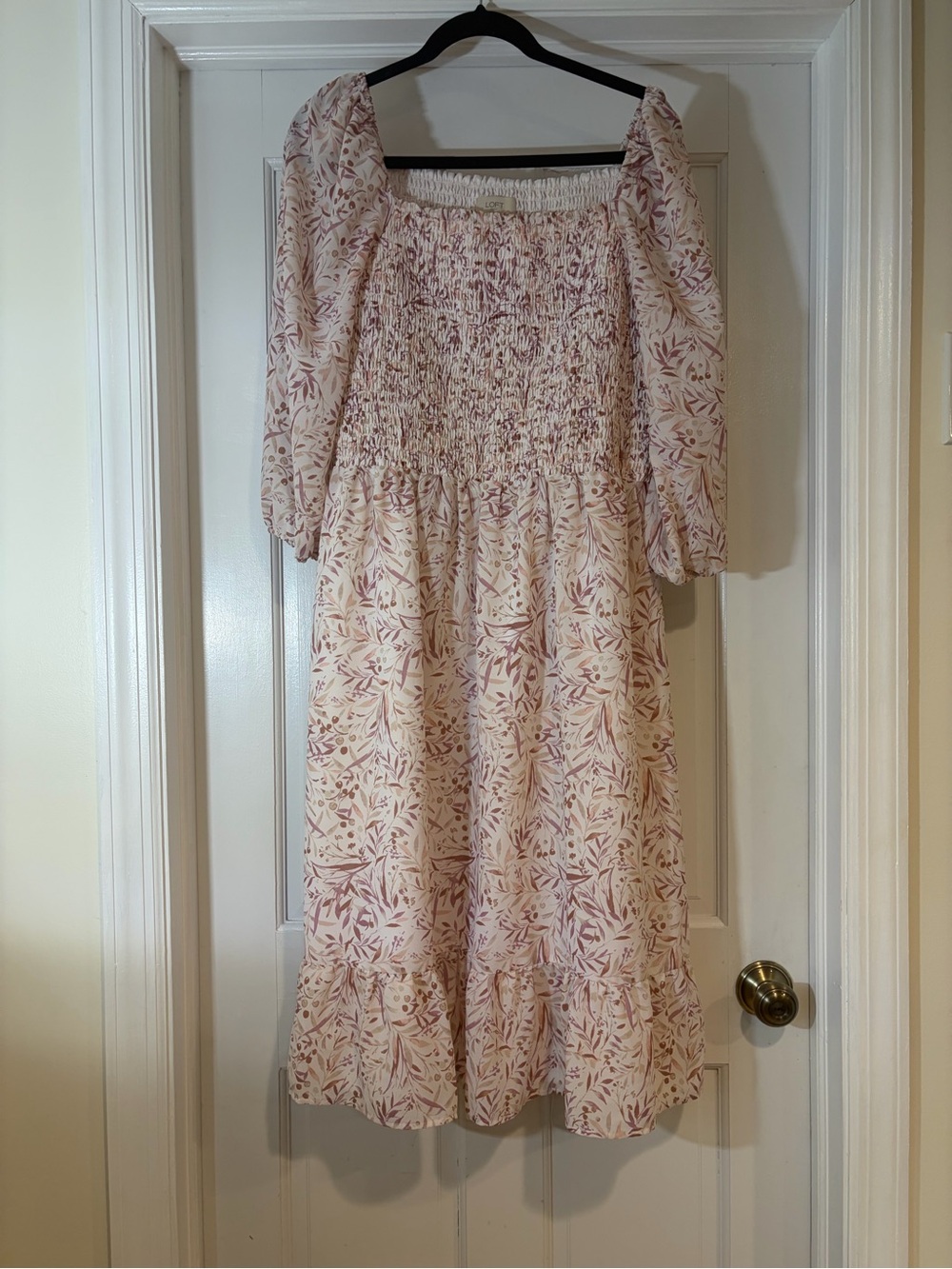 LOFT Blush Pink Floral Smocked Midi Dress